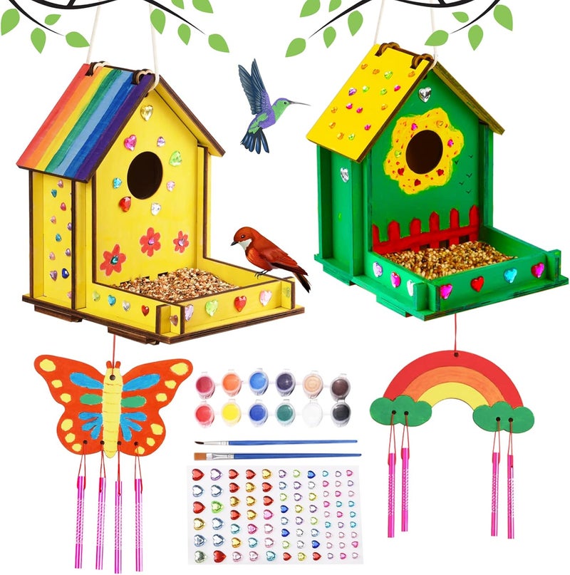 THWAS-LIGHT Crafts for Kids Ages 8-12 -Make Your Own Bird Feeder Wind Chime Kit with Diamond Stickers - 2 Pack Unfinished Wood DIY Kids STEM Painting Activities Crafts Outdoor Toys for Boys Girls Ages 6-8 3-5 - Image 1